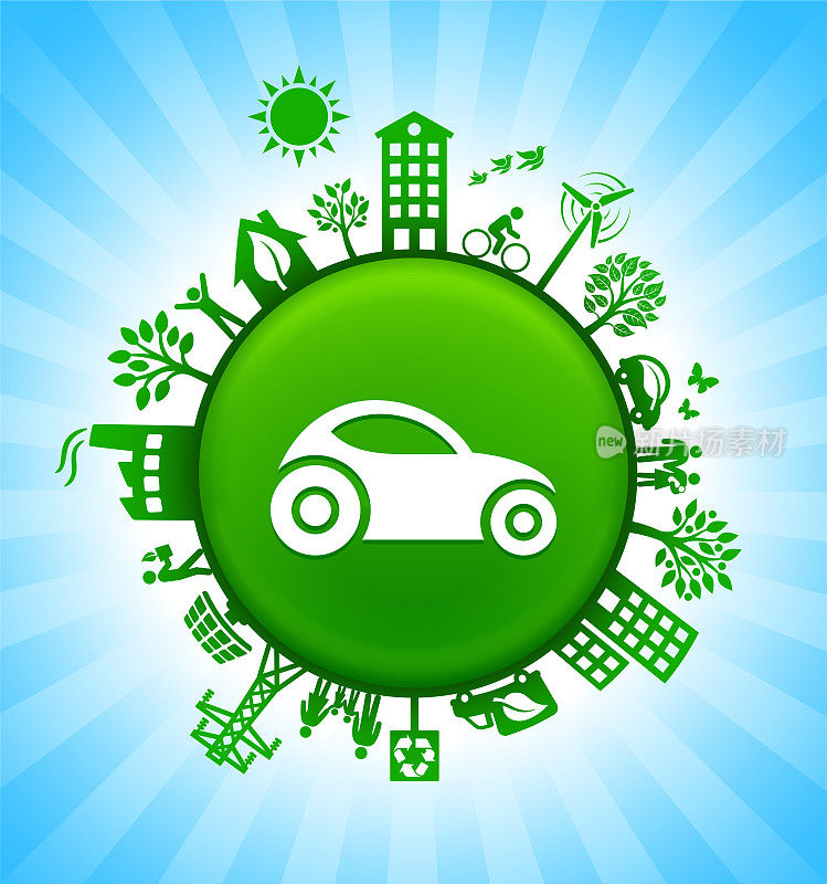 未来汽车环境绿色按钮背景在蓝天