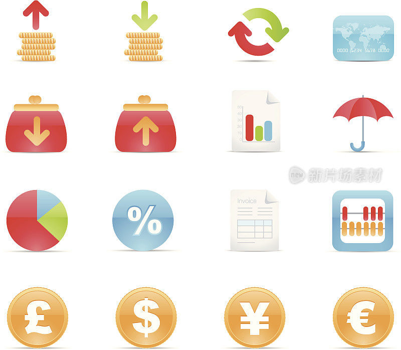 金融的图标集。凝胶系列。新鲜的颜色。