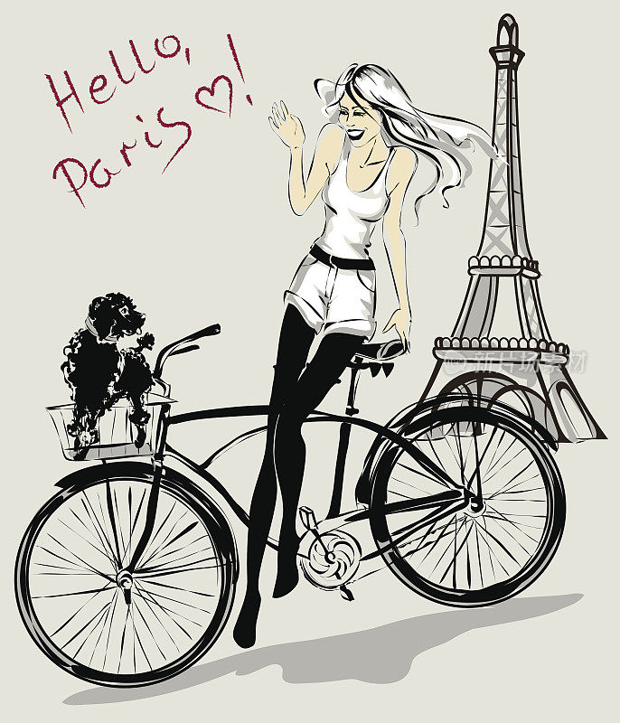 巴黎埃菲尔铁塔，时尚女孩和狗在自行车篮子里