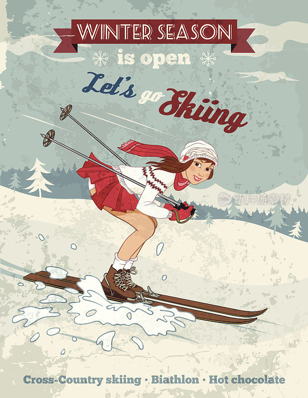 复古海报女郎滑雪海报