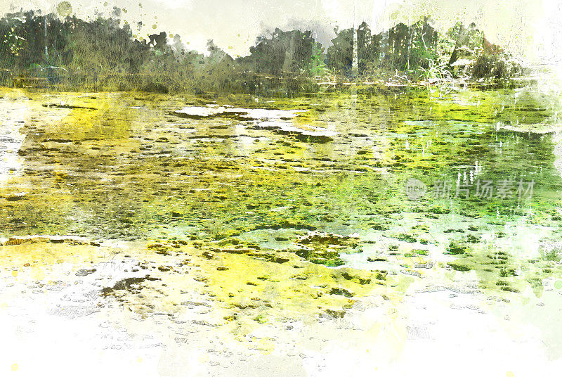 在水彩画的背景上抽象色彩丰富的河流、湖泊和森林中的树木。