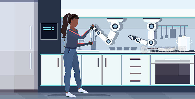 女人用电线电极指示器握手智能手持式厨师机器人机器人助手创新技术人工智能概念现代厨房室内平面水平