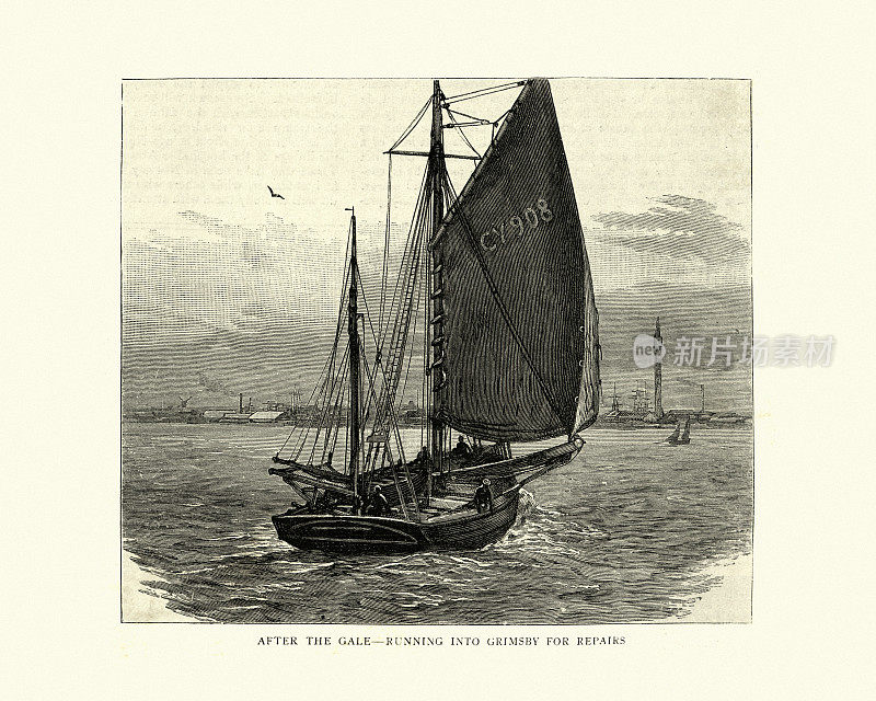 北海一艘驶向格里姆斯比的渔船，维多利亚时代，19世纪