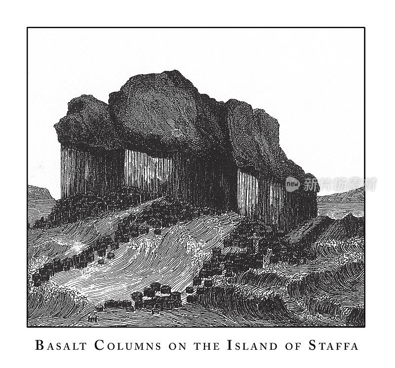 斯塔法岛的玄武岩柱，洞穴，冰山，熔岩和岩层雕刻古董插图，出版于1851年