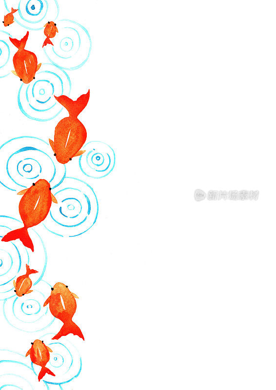 金鱼和水彩画圈作为中国节日装饰背景。