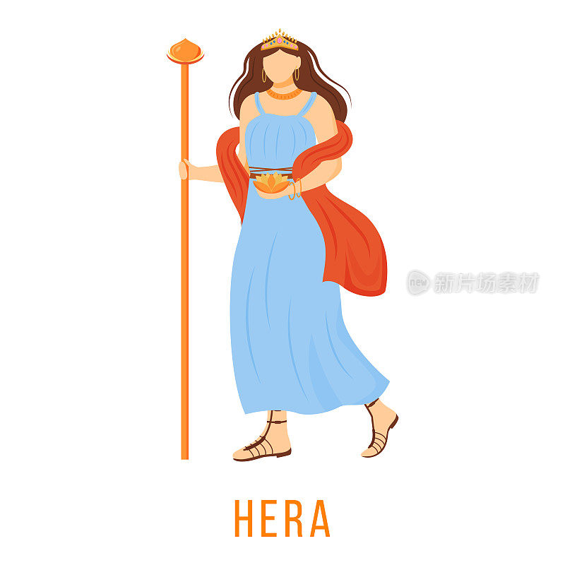 赫拉平面矢量插图。古希腊神。婚姻之神，生育之神。奥林匹斯诸神的女王。神话。神的神话人物。孤立的卡通人物在白色背景