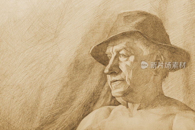 时尚的插图寓言现代艺术作品印象派原始铅笔画在纸上的棕褐色水平的象征性肖像一个戴着棕色帽子的老人的脸与田野在抽象的背景墙上