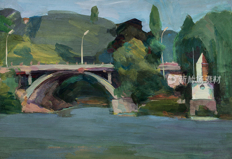 时尚的夏季插画寓言可持续的现代艺术作品印象派油画水平的象征性景观在复古风格的石桥上的河流山坡与绿色的草和树木对蓝天和河流