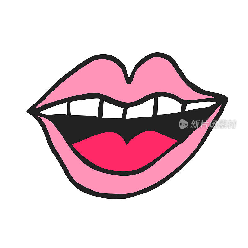 卡通风格的张嘴。粉红色的嘴唇。笑了。白的牙齿。