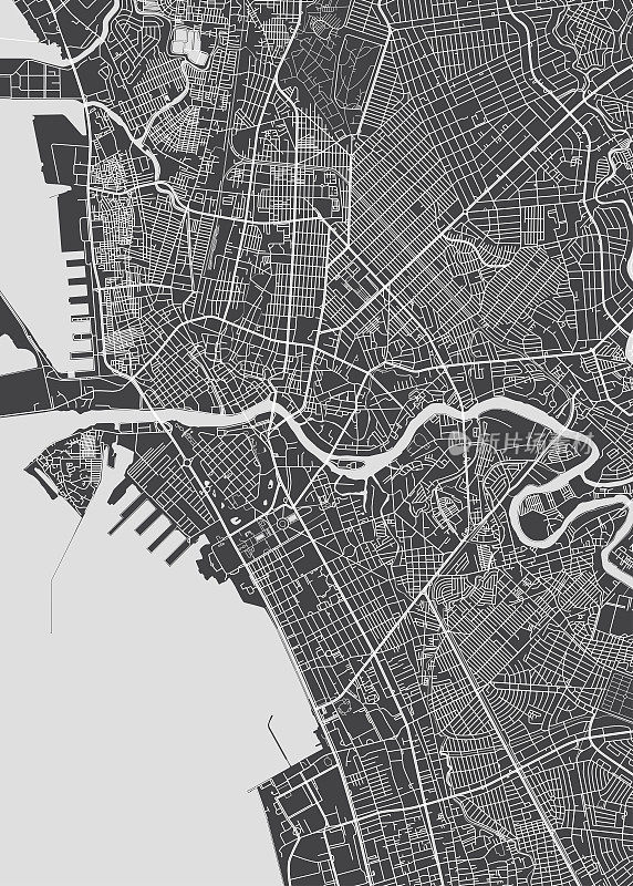 马尼拉城市地图，单色详细平面图，矢量图