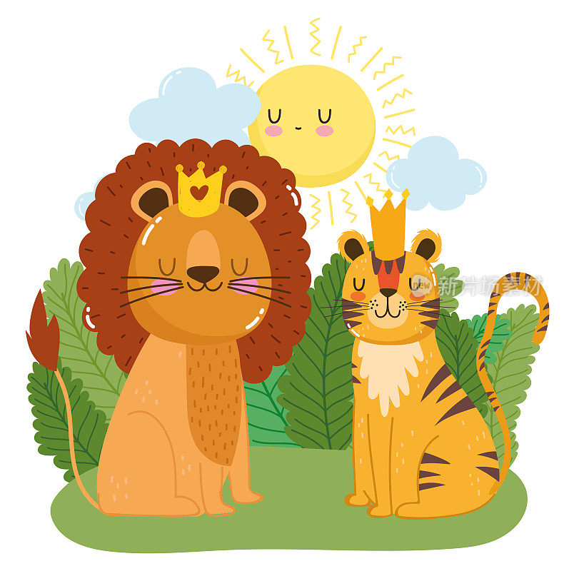可爱的动物狮子冠和老虎草植被自然野生卡通