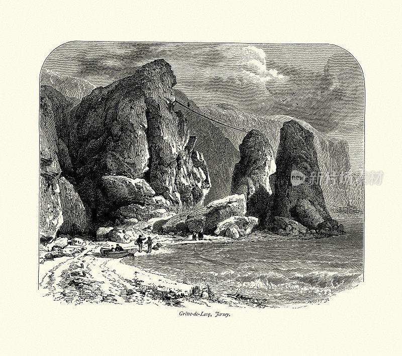 渔民，绳索桥，海滩，格雷夫德勒克，泽西，19世纪