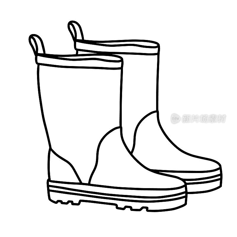橡胶靴孤立在白色背景。秋天的鞋子走在水坑里。防水靴子。园丁的靴子在花园里工作。手绘矢量插图在涂鸦风格