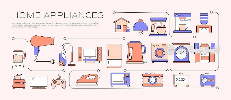 家用电器相关的现代线条风格矢量插图