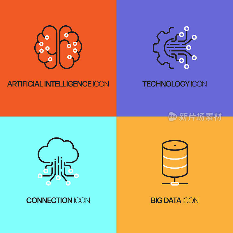 工业4.0相关线条图标。向量符号说明。
