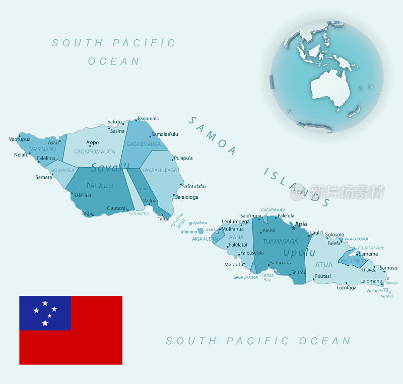蓝绿色萨摩亚行政区划详细地图，有国旗和全球位置。