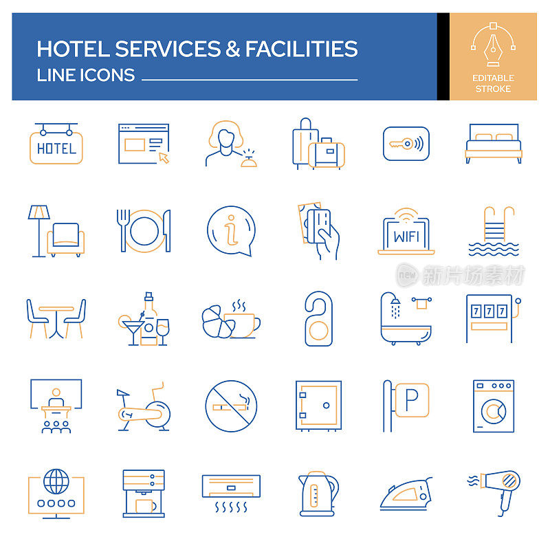 酒店服务相关的线路图标。轮廓符号集合，可编辑的描边