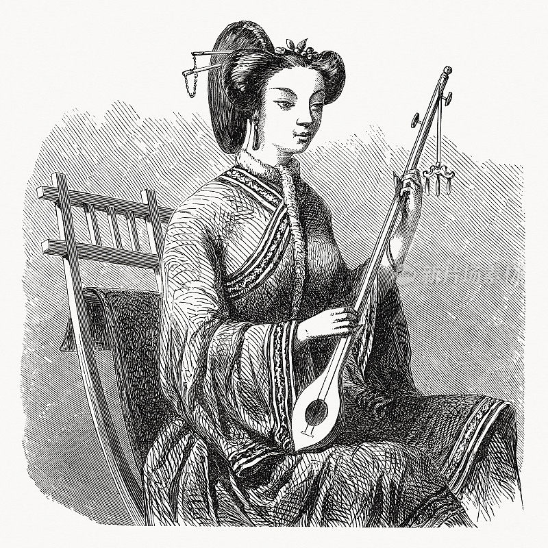 中国古代的琵琶演奏家，木刻，1868年出版