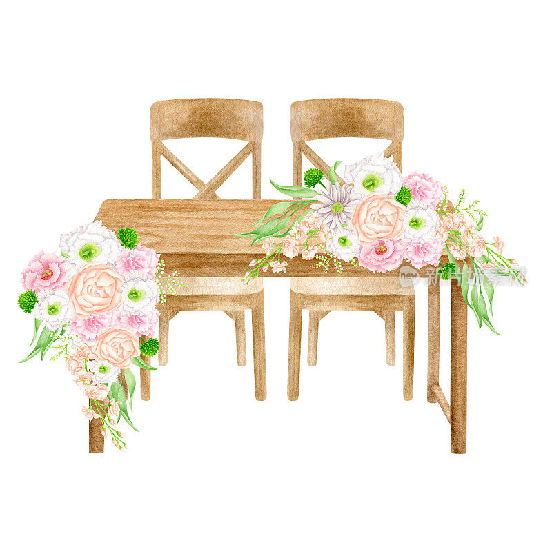 水彩木婚台用花束装饰，白色孤立。手绘甜心桌，木椅，插花。乡村婚宴装饰素描插图。
