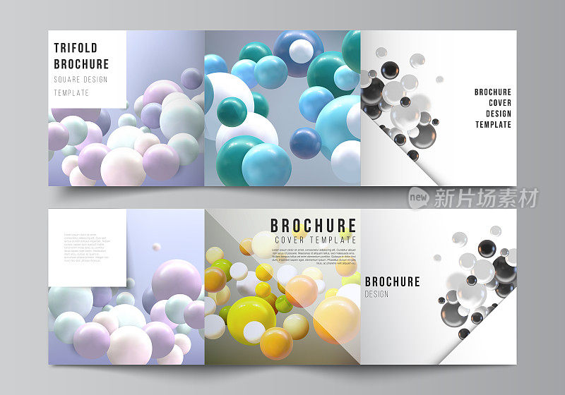 矢量布局的方形格式封面模板三倍宣传册，传单，杂志，封面设计，书籍设计。抽象逼真的矢量背景与多种颜色的3d球体，气泡，球。