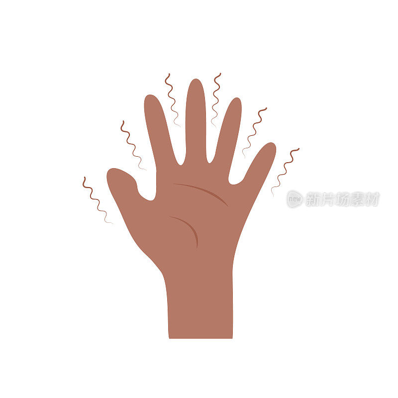 非裔美国黑人手震颤综合征。帕金森病。颤抖,颤抖的手臂。生理压力的症状。精神障碍，恐慌，恐惧。矢量插图在平面卡通风格。