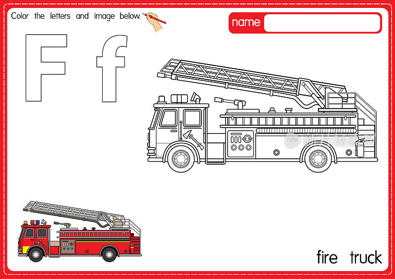 矢量插图的儿童字母着色书页与概述剪贴画，以颜色。字母F代表消防车。