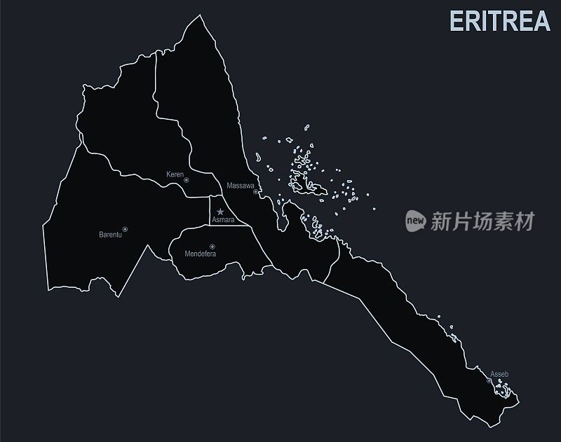 厄立特里亚的平面地图，以黑色为背景的城市和地区