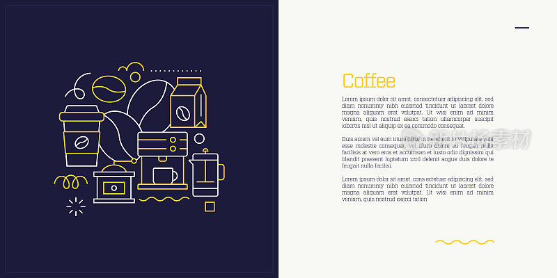 矢量集插图咖啡概念。线条艺术风格的网页，横幅，海报，印刷等背景设计。矢量插图。