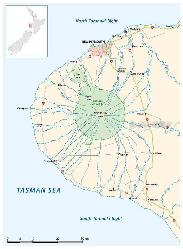 新西兰塔拉纳基半岛的路线图