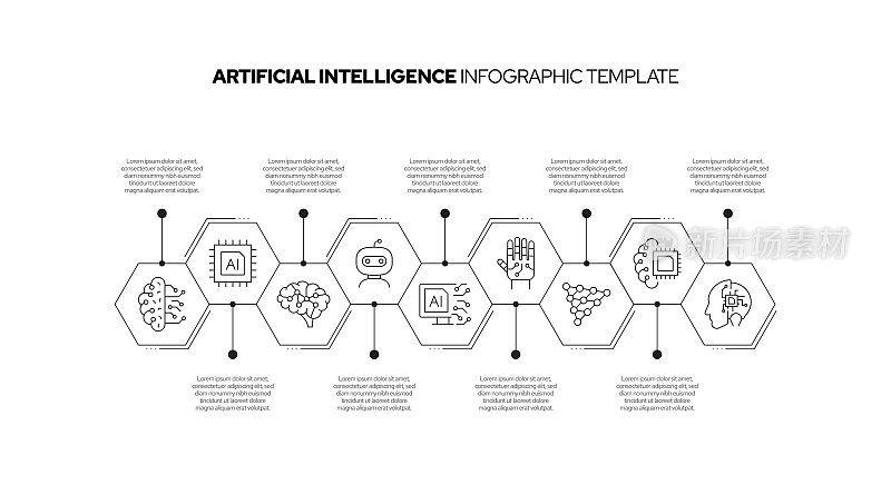 人工智能概念矢量线信息图形设计图标。9选项或步骤的介绍，横幅，工作流程布局，流程图等。