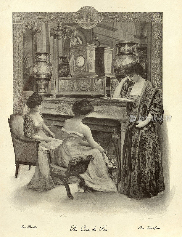 维多利亚时代的蒙太奇照片，19世纪年轻女子在炉边取暖