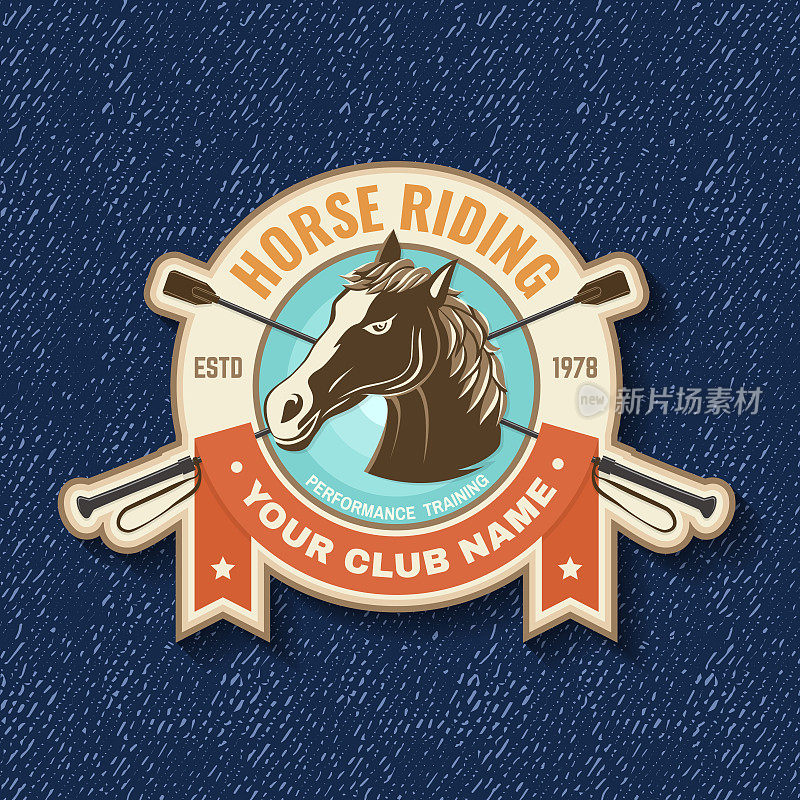 骑马会徽章、补丁、会徽、标志。矢量插图。复古单色马术标签，马头剪影贴纸。骑马运动。