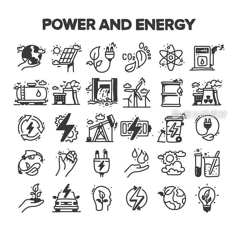 电力和能源相关的手绘矢量涂鸦图标集