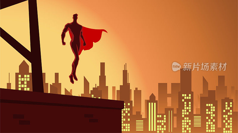 矢量超级英雄剪影漂浮在天空中的城市股票插图