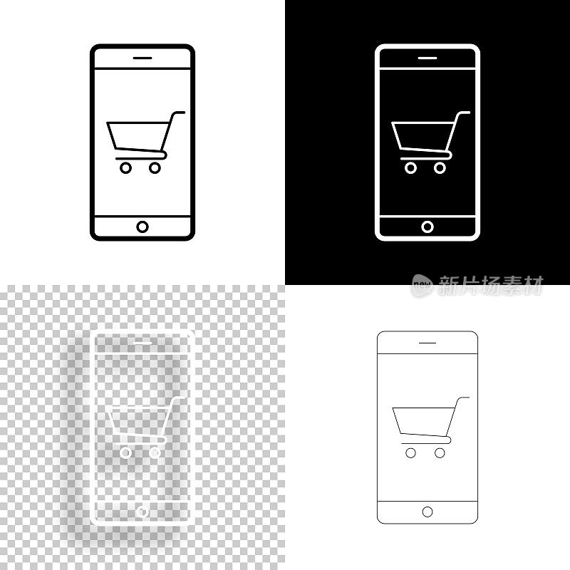 用智能手机在线购物。图标设计。空白，白色和黑色背景-线图标