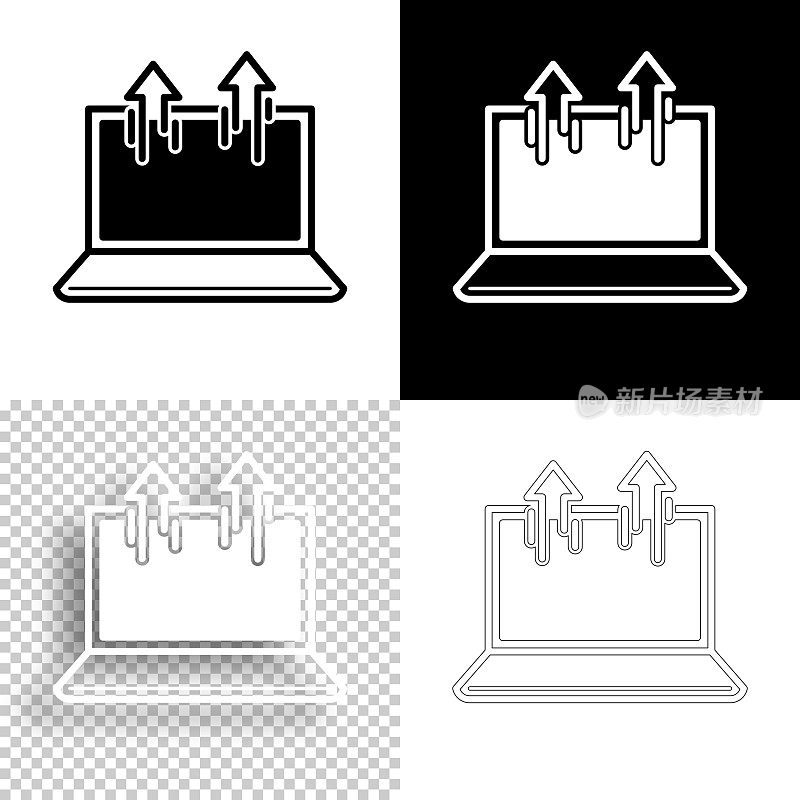 从笔记本电脑发送。图标设计。空白，白色和黑色背景-线图标
