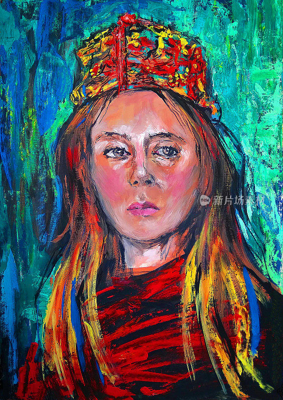 插图油画肖像的女人长金发在一个杂色的东方帽子在明亮的背景蓝色调