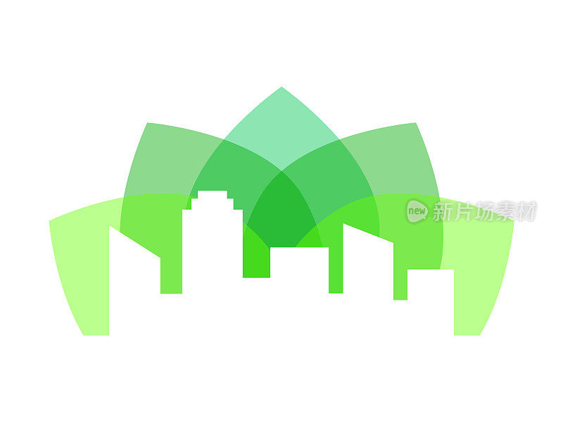 白色的城市天际线在一片绿叶上。绿色城市的概念。可持续的城市发展。