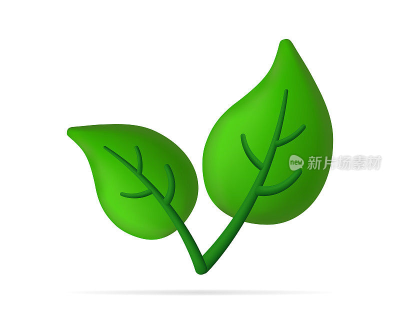 绿色的叶子。三维生态树叶。有机植物的图标。环境和树木的象征。标志生态、自然、成长。孤立的插图在白色背景。向量