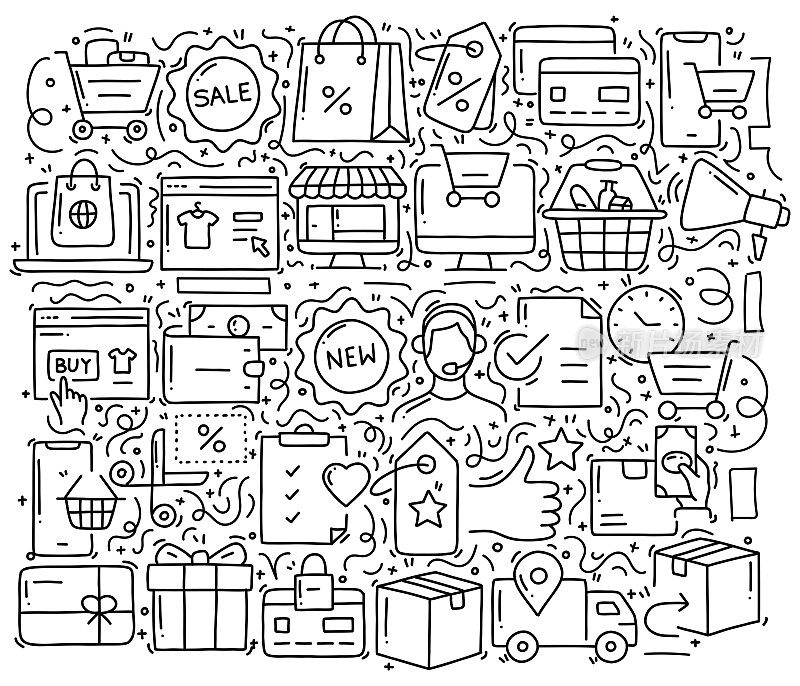 在线购物相关的对象和元素。手绘矢量涂鸦插图集合。手绘图案设计