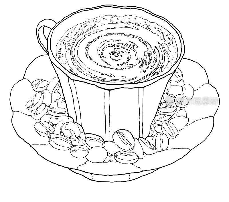 一杯白色背景上的咖啡豆