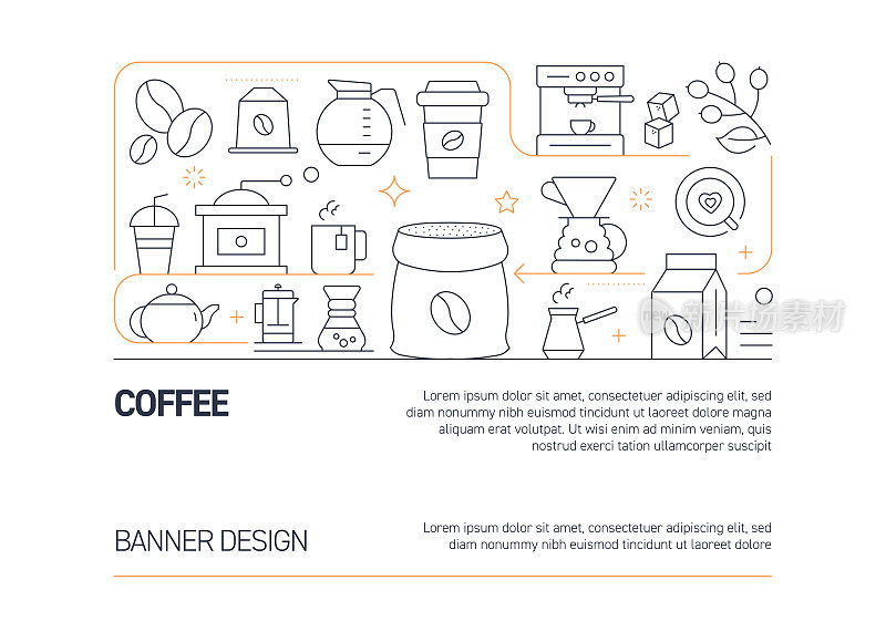 咖啡相关的矢量横幅设计概念，与图标的现代线条风格