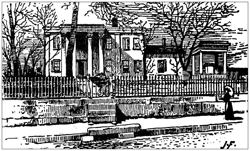 美国，田纳西州地标和公司的古董插图:纳什维尔，詹姆斯K波尔克的家和坟墓