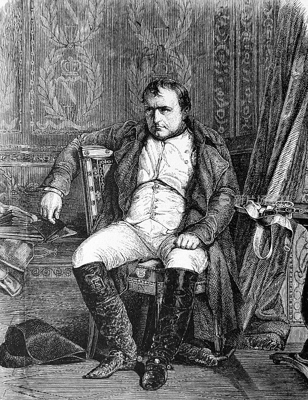 拿破仑在枫丹白露，坐在椅子上，闷闷不乐，满腹狐疑