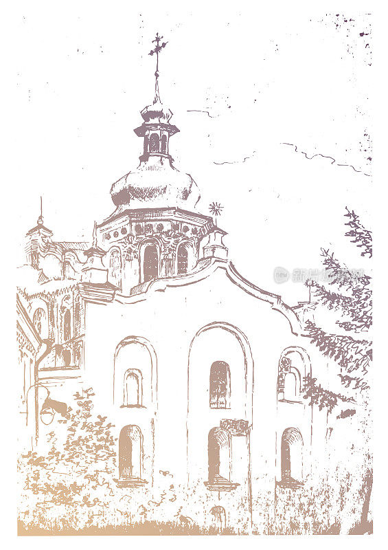 矢量追踪了用墨水和钢笔绘制的复古景观。基辅佩切尔斯克拉夫拉教堂入口上方的乌克兰巴洛克风格的教堂