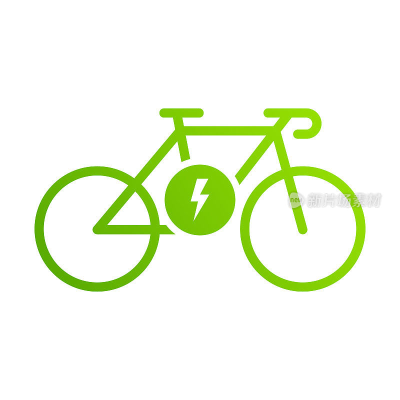 生态电动自行车剪影图标。电动生态自行车绿色象形。生态混合运输图标。电动自行车电子能量标志。E自行车的象征。孤立的矢量图