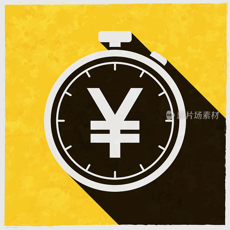 秒表带有日元符号。图标与长阴影的纹理黄色背景