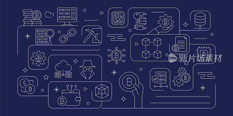 区块链相关矢量横幅设计概念，现代线条风格与图标