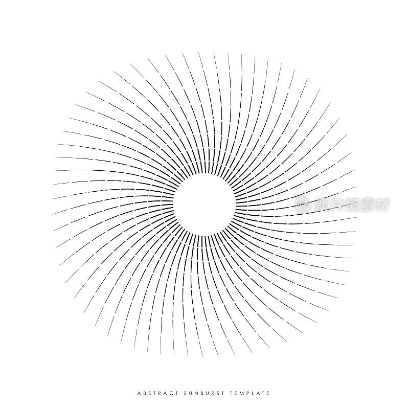 几何手绘太阳爆发,太阳光束。恒星以线的形式发光,线性的阳光波。夏季又象征日落、日出和放射烟火。复古风格矢量股票插图