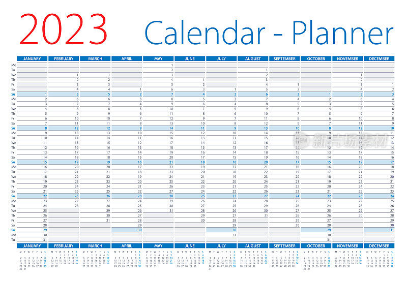 2023年日历计划。矢量插图。